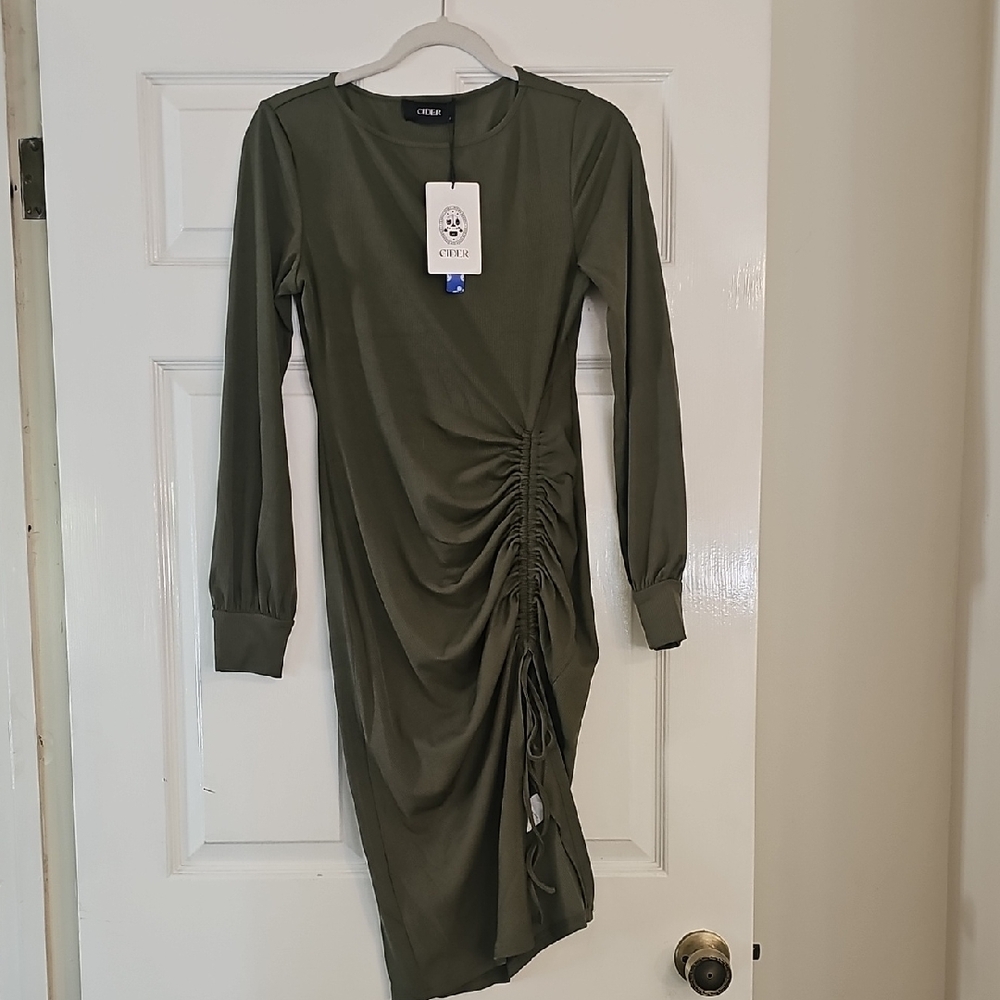 Cider Olive Long Sleeve Ruched Dress